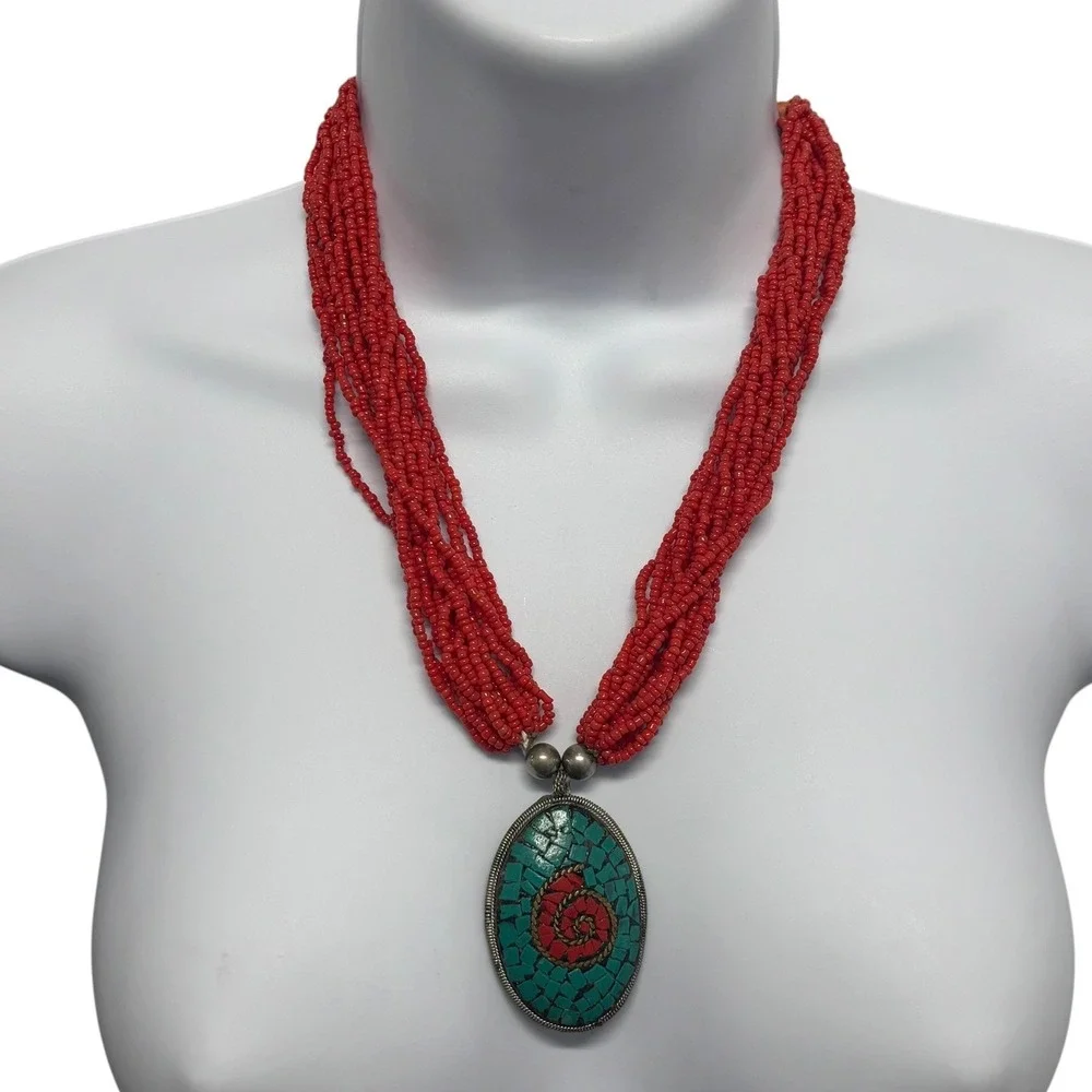 Vintage Red Multi Strand Seed Bead Necklace Turquoise Coral Mosaic Pendant Boho
